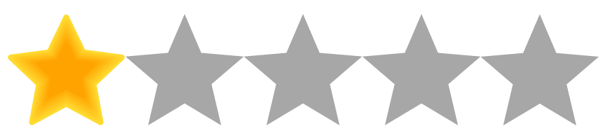 Image of a 1-star rating. The first star on the left is colored yellow, representing 1 star, while the remaining four stars are gray, indicating they are not filled.