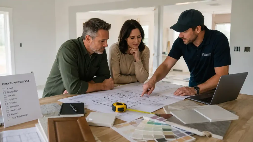 Three people review blueprints and samples on a table in a bright room, discussing renovation plans for a Mother in law suite. A checklist, tape measure, and laptop are also on the table.