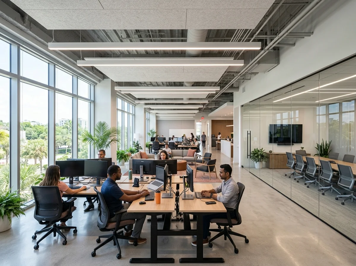Open-plan modern office with large windows, several people working at desks with computers, glass-walled meeting room, and indoor plants.
