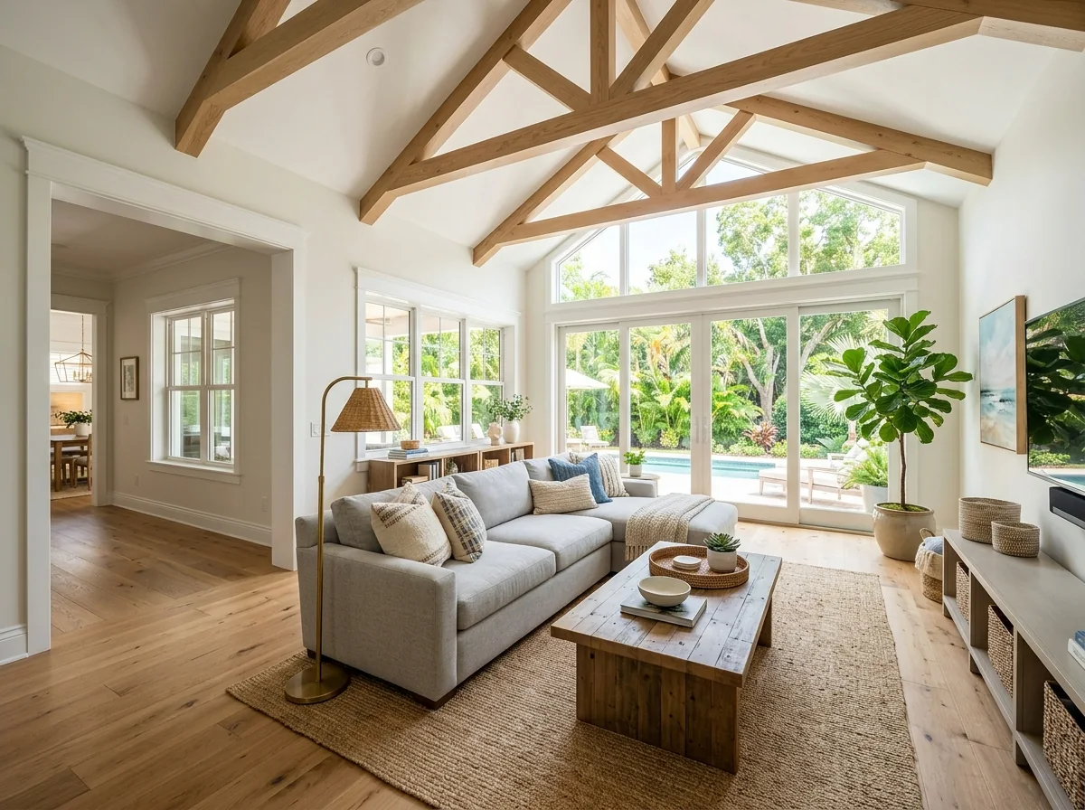 Finished family room addition in Lakeland, FL with a vaulted beamed ceiling and sliding doors to the backyard
