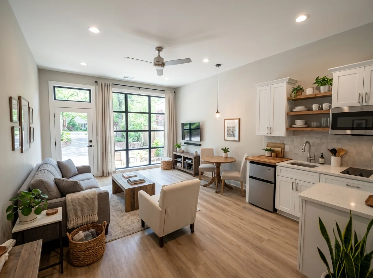 Finished garage-conversion mother-in-law suite with a bright living area, kitchenette, dining nook, and a glass entry door where the garage door used to be