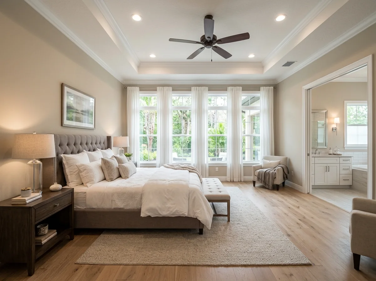 Finished master suite addition in Lakeland, FL by Evangelisto Construction — bright bedroom with tray ceiling, large windows, and an ensuite bathroom